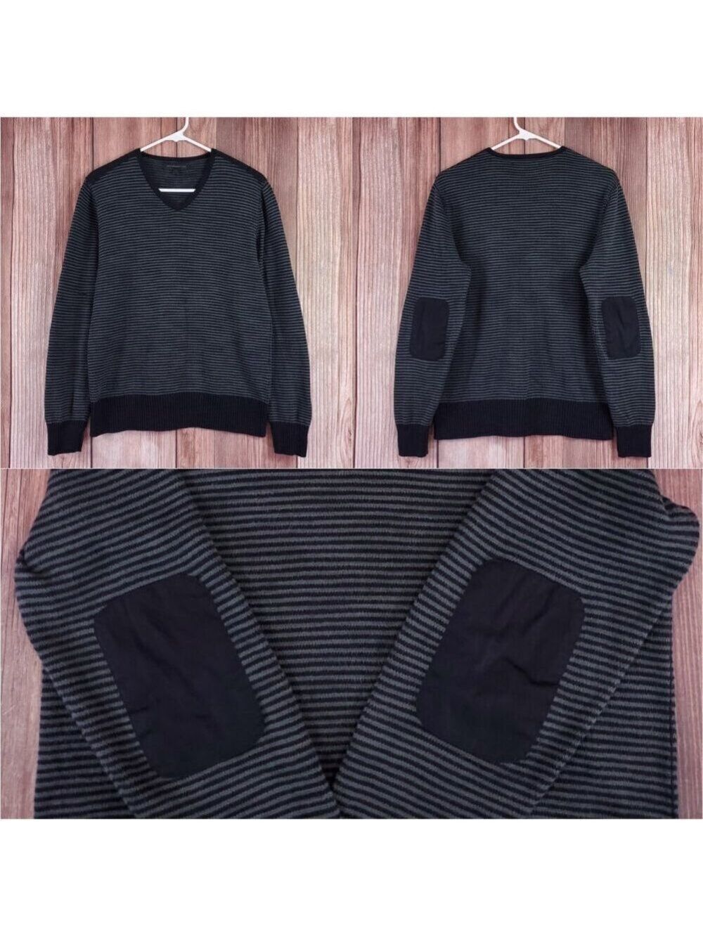 *READ* John Varvatos USA V-Neck Sweater Mens Medium Elbow Patch Striped